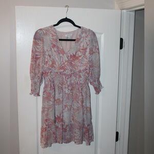 Mittoshop Pink and Gray V-Neck Sundress with Bishop Sleeves